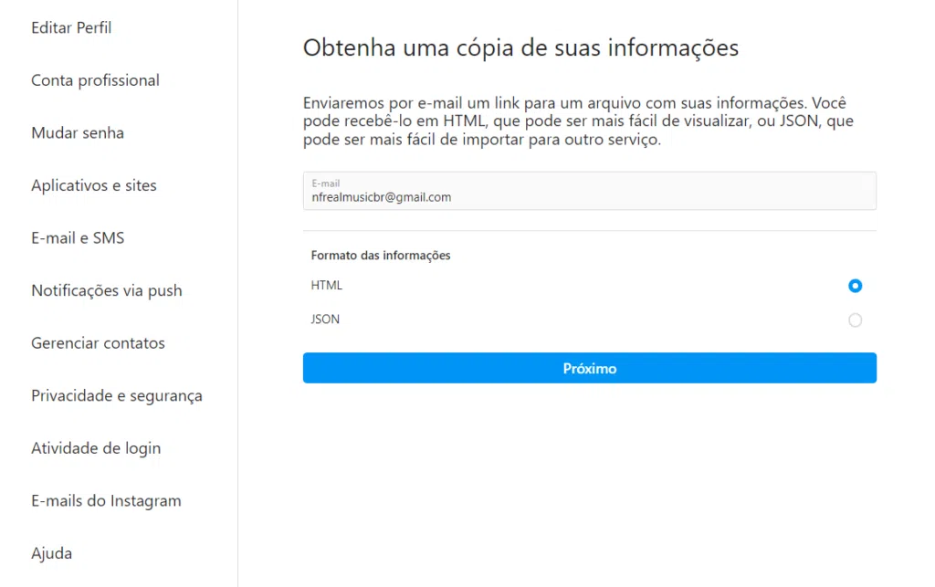 Como recuperar conta do instagram hackeada e aumentar segurança Tela para baixar dados do instagram