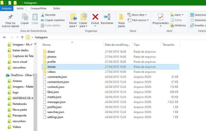 كيفية استعادة حساب Instagram المخترق وزيادة الأمان لقطة شاشة لمجلدات بها بيانات من حساب instagram
