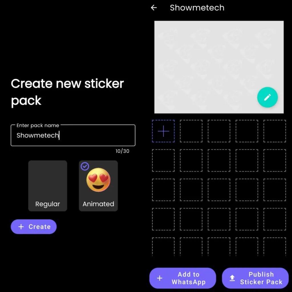 Como baixar figurinhas animadas no whatsapp Tela de edição de pacotes criados no sticko