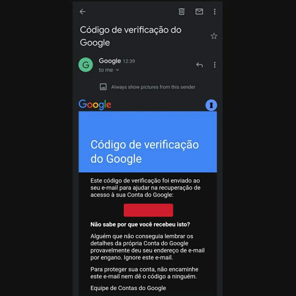 Como recuperar a conta do gmail e aumentar a segurança Captura de tela com código de recuperar a conta do google