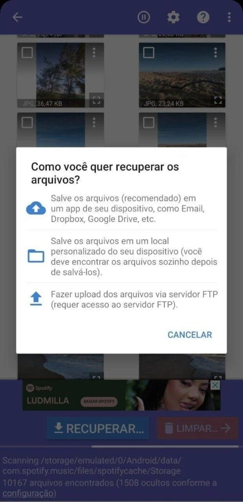 Aprenda a recuperar fotos apagadas no android A imagem mostra as opções de recuperação de fotos do diskdigger
