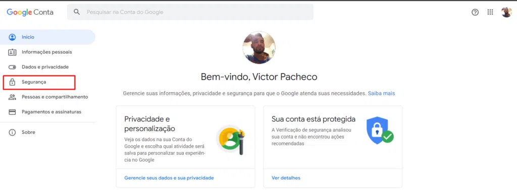 Como recuperar a conta do gmail e aumentar a segurança Página inicial da minha conta do google