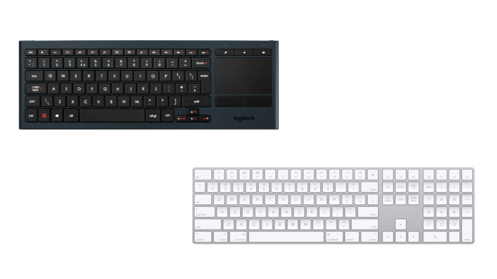A imagem mostra o logitech k830 e magic keyboard da apple, dois dos teclados suportados pelo horizon workrooms