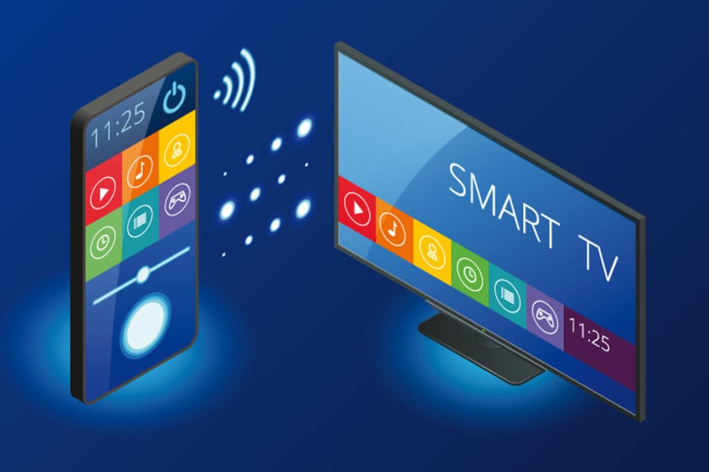 Imagem em vetor de um celular conectado a um smart tv para ilustrar o que é uma smart tv e como funciona.