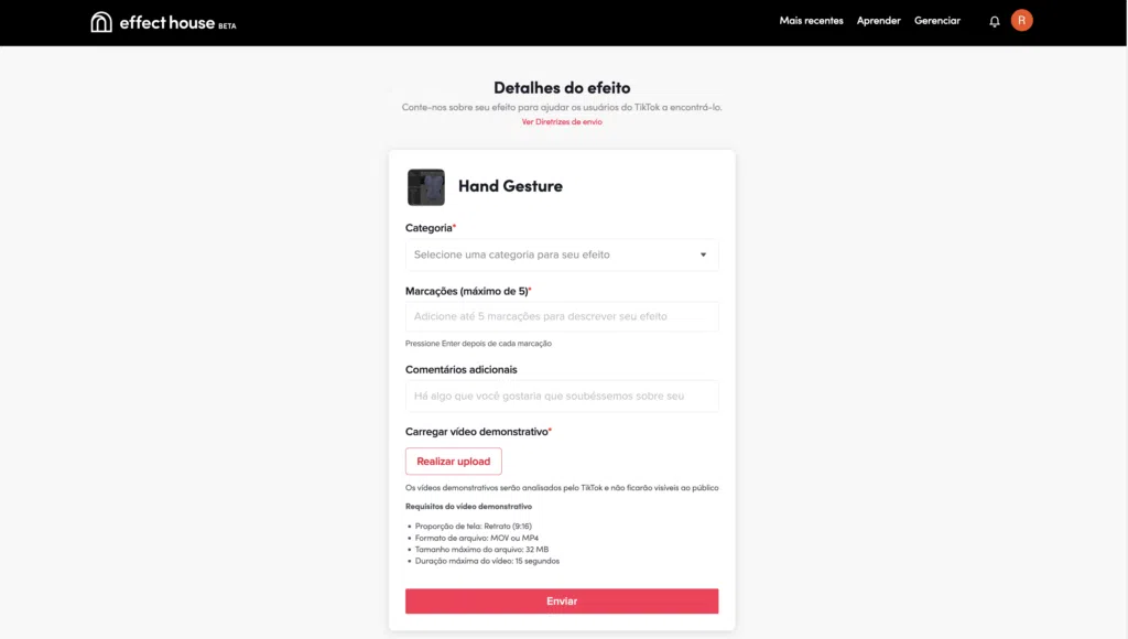 Como criar filtros de realidade aumentada no tiktok A imagem mostra a tela final para submeter um filtro para o tiktok usando o effect house