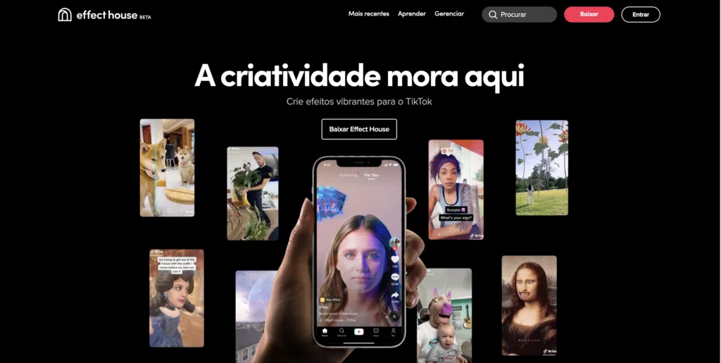 Como criar filtros de realidade aumentada no tiktok A imagem mostra a tela inicial do effect house, novo programa do tiktok para criação de filtros