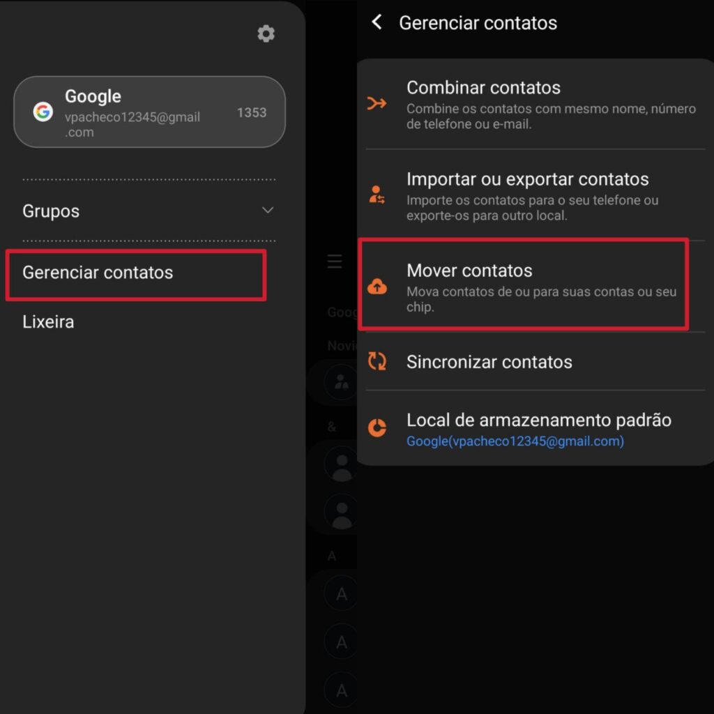 Captura de tela de como importar contatos para samsung account