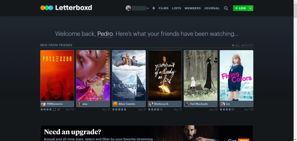 Como usar o letterboxd, rede social de filmes? Tela inicial do letterboxd