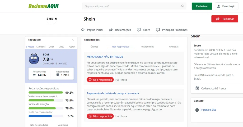 A shein é confiável? Veja como comprar barato e com segurança Shein no reclameaqui, plataforma ótima para verificar a reputação de lojas