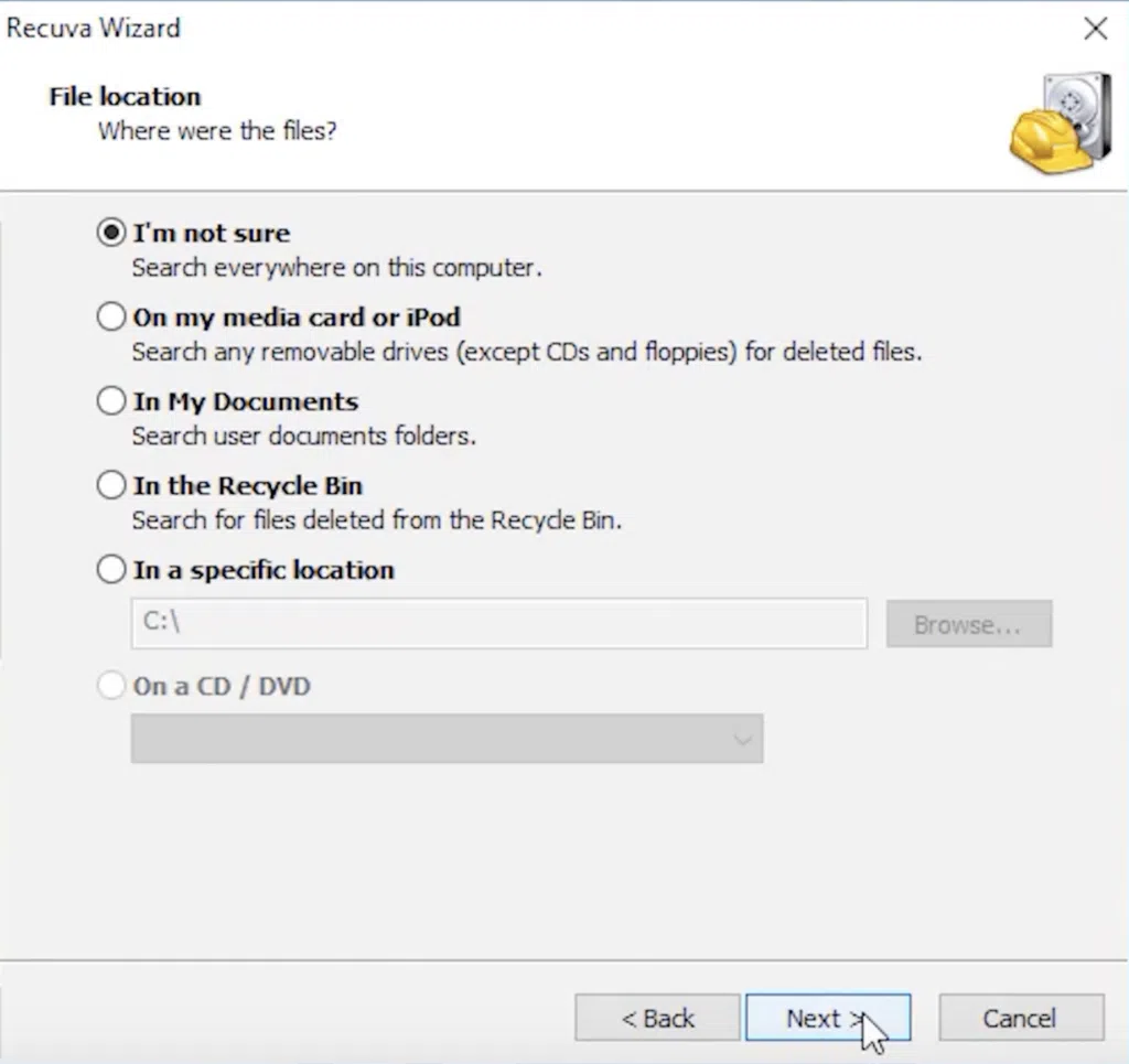Aprenda a recuperar fotos apagadas no android A imagem mostra a tela do recuva para escolher o diretório que vai ser buscado