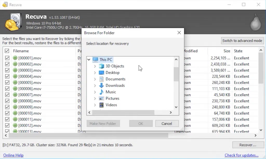 Aprenda a recuperar fotos apagadas no android A imagem mostra a tela de seleção de pasta para salvar arquivos recuperados