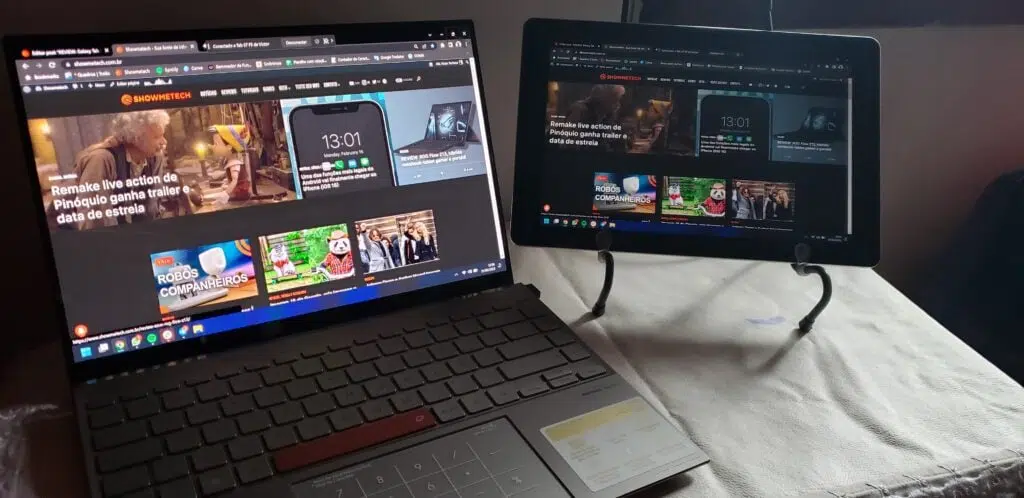 Review: galaxy tab s7 fe tem tela grande e boa bateria Tablet galaxy tab s7 fe sendo utilizado como segunda tela