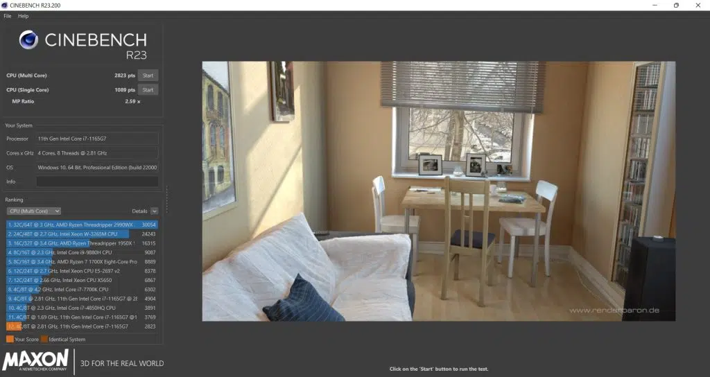 Review: notebook dell inspiron 15 3000 Imagem do cinebench r23 com 2823 pontos de resultado no multinúcleo.