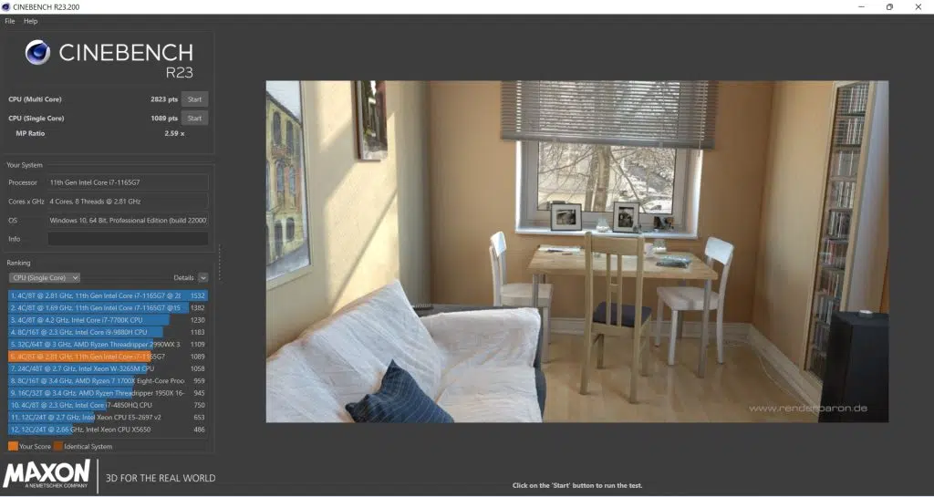 Review: notebook dell inspiron 15 3000 Imagem da tela do cinebench r23 com um resultado de 1089 pontos no mononúcleo