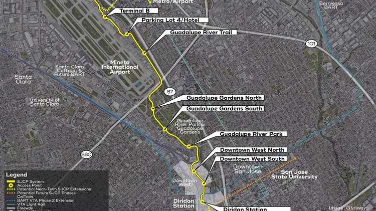 I trasporti pubblici potrebbero avere corse gratuite con auto a guida autonoma Percorso per auto a guida autonoma proposto da glydways per operare a san josé