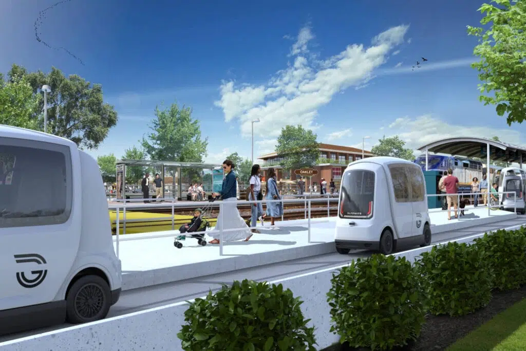 Transporte público poderá ter viagens grátis com carros autônomos Representação gráfica de carros autônomos da glydways