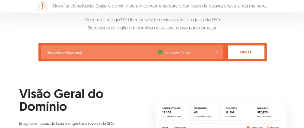 14 ferramentas online para criação de conteúdo Tela inicial do ubersuggest