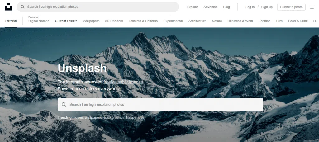 14 ferramentas online para criação de conteúdo Tela inicial do unsplash