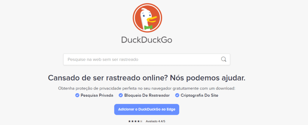 Página inicial do duckduckgo mostrando dados sobre privacidade