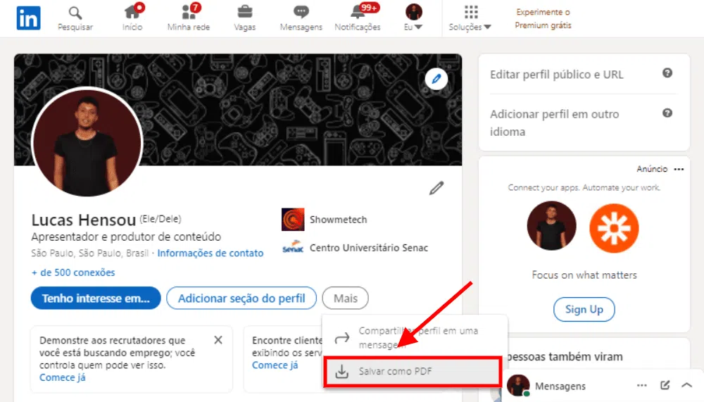 Como fazer o currículo do linkedin em pdf Como baixar o currículo do linkedin em pdf? - captura da tela inicial do perfil no linkedin indicando a aba 'salvar como pdf' para ilustrar o tutorial