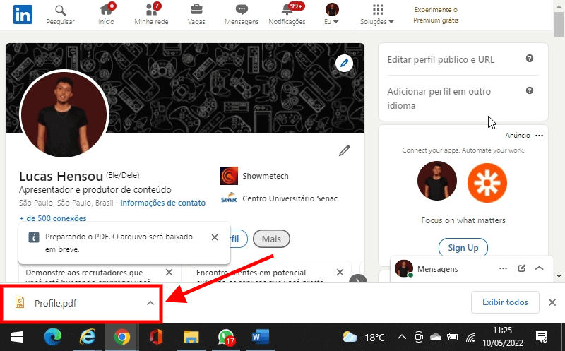 Как сделать резюме на linkedin в pdf Как скачать резюме на Linkin в формате pdf? - снимок экрана профиля linkedin, указывающего, где открыть загруженный документ в формате PDF, чтобы проиллюстрировать руководство.