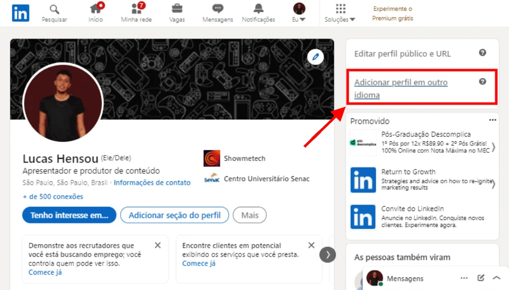 Как сделать резюме на linkedin в pdf Как скачать резюме на LinkedIn в формате pdf? - скриншот с указанием вкладки для добавления профиля на другом языке на linkedin