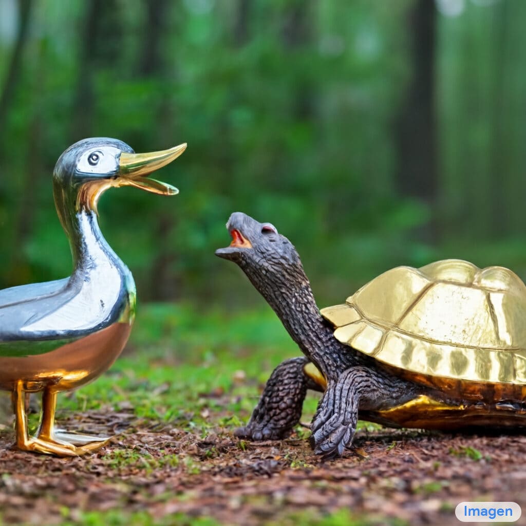 Um pato cromado com um bico dourado discutindo com uma tartaruga furiosa em uma floresta.