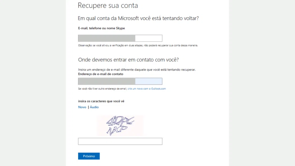 Como recuperar a conta do hotmail e aumentar a segurança Captura de tela de recuperação de conta do hotmail