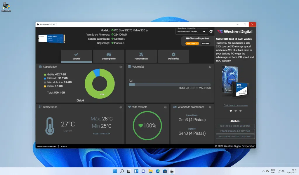 Review: ssd wd blue sn570 nvme 500gb Review: ssd wd blue sn570 nvme 500gb. A western digital fez um ótimo trabalho com o ssd wd blue sn570 nvme, com velocidade de gravação real superior à informada pela fabricante. Confira a avaliação