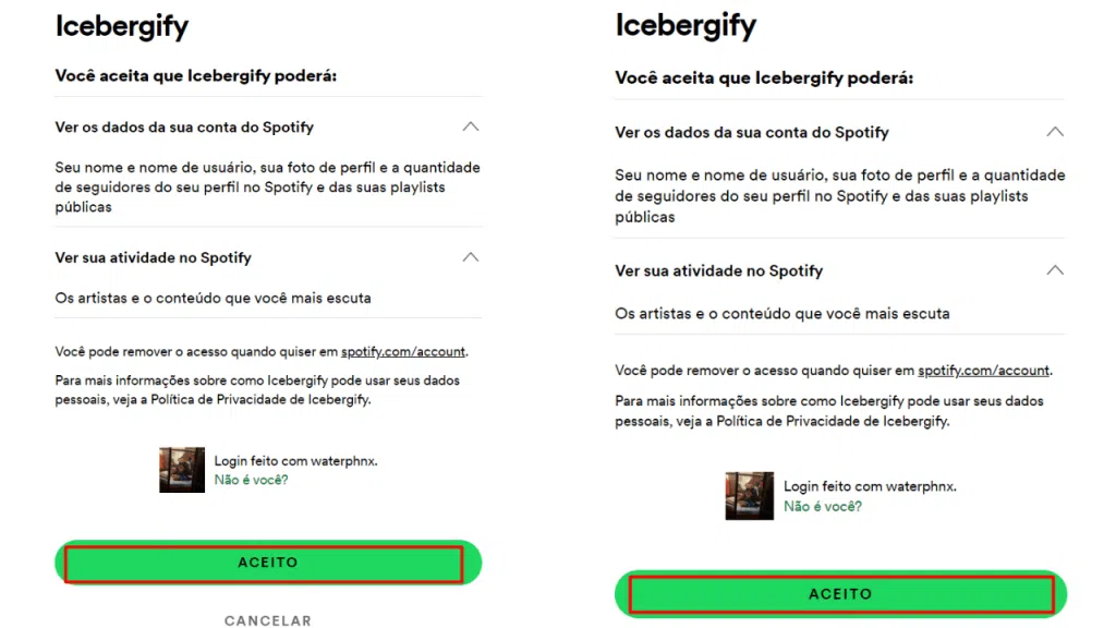 Icebergify mostra i tuoi artisti più ascoltati su Spotify Schermate di autorizzazione per ottenere spotify iceberg