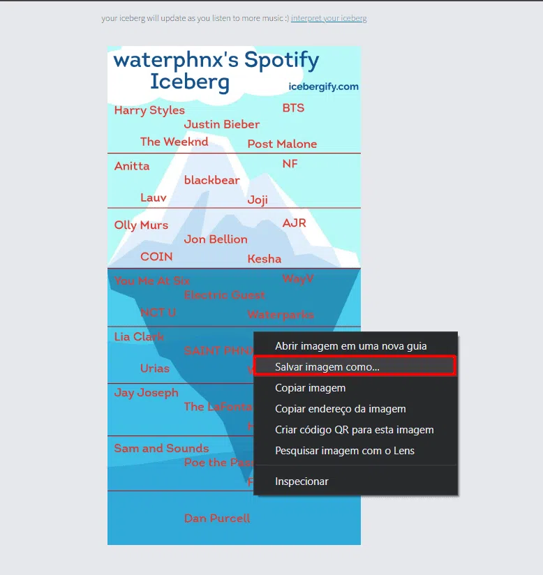 Icebergify mostra i tuoi artisti più ascoltati su Spotify Processo per salvare l'immagine icebergify