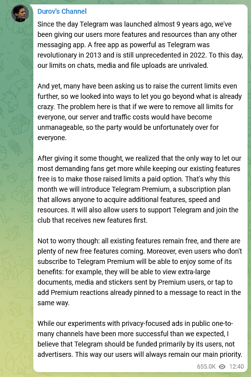 Come funziona Telegram Premium e quanto costa? Messaggio di pavel durav che annuncia telegram premium. (immagine: glauco vitale / showmetech)