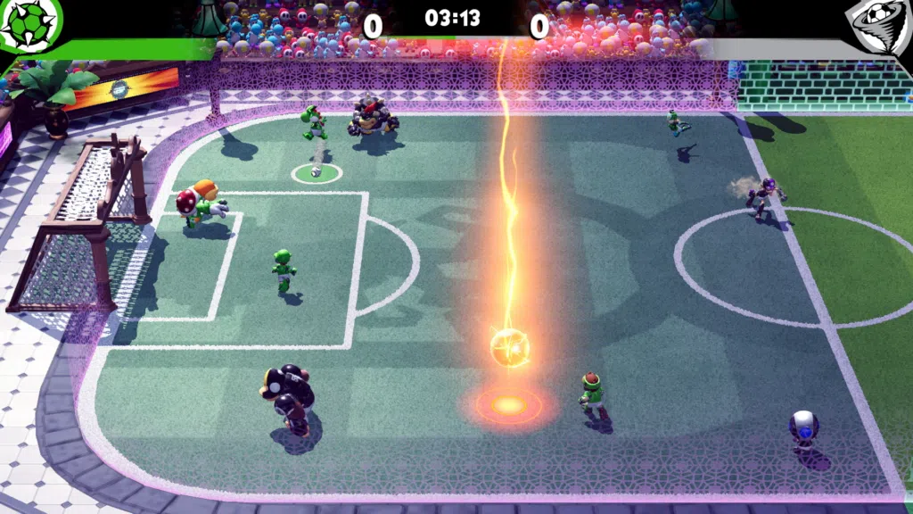 Review: mario strikers battle league mistura futebol, porrada e muita diversão Imagem de meio campo com a orbe em destaque no meio.