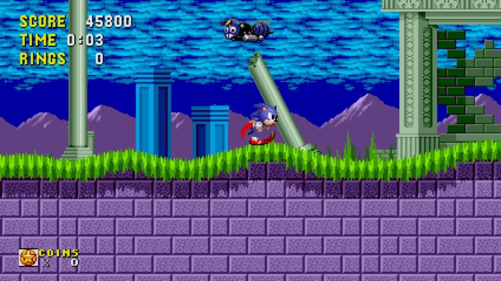 Screenshot da marble zone em sonic the hedgehog com sonic correndo alucinado pelo estágio.