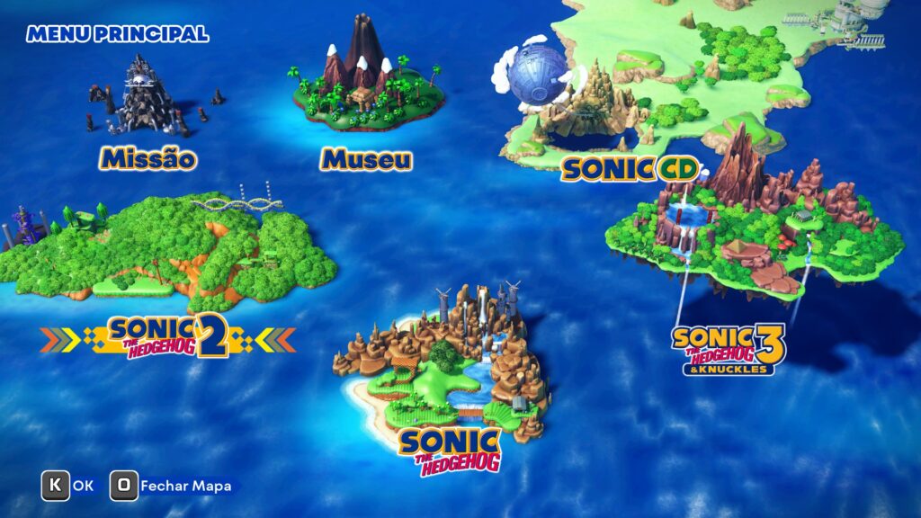 Screenshot do menu principal de sonic origins, mostrando uma espécie de arquipélago ilustrativo cujas ilhas são cada uma um jogo diferente da coletânea, além dos modos de missão e museu.