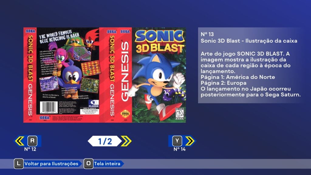 Screenshot do modo museu com enfoque na arte da caixa de sonic 3d blast, do genesis (nome do mega drive nos eua).