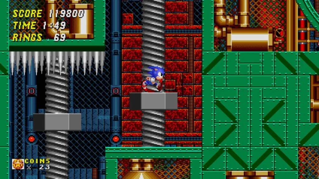 Review: Sonic Origins is een nostalgisch bitterzoete ervaring Screenshot van Sonic die een gigantische schroefdraadpuzzel oplost in de metropoolzone van Sonic 2.