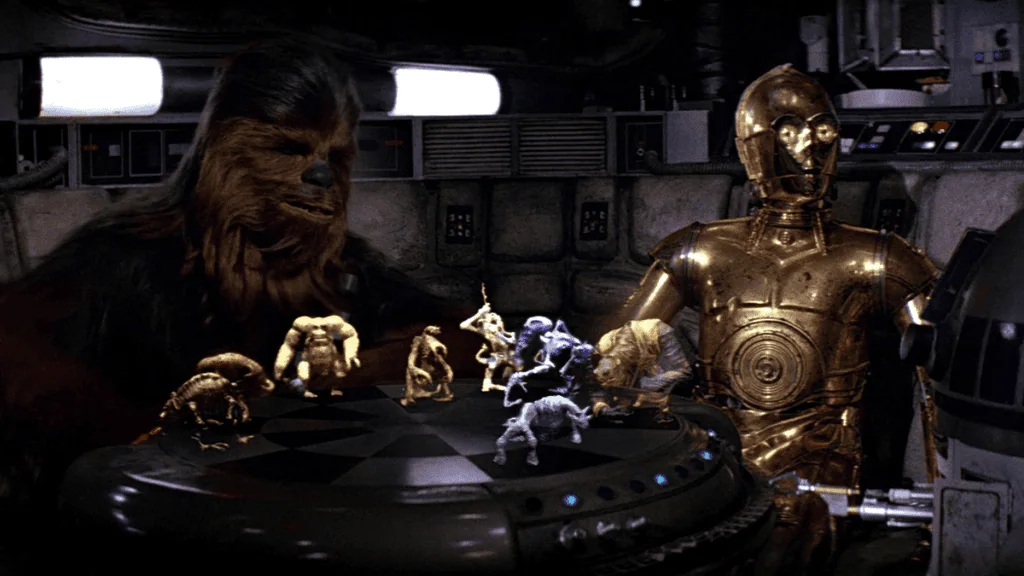 Série light and magic mostra como george lucas revolucionou o mundo dos efeitos especiais Chewbacca e c-3po jogam uma partida de dejarik ao lado de r2-d2. Os bastidores da cena foram explorados na série light and magic.