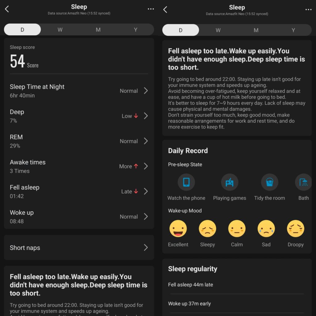 Aplicativo zepp mostrando dados de monitoramento de sono