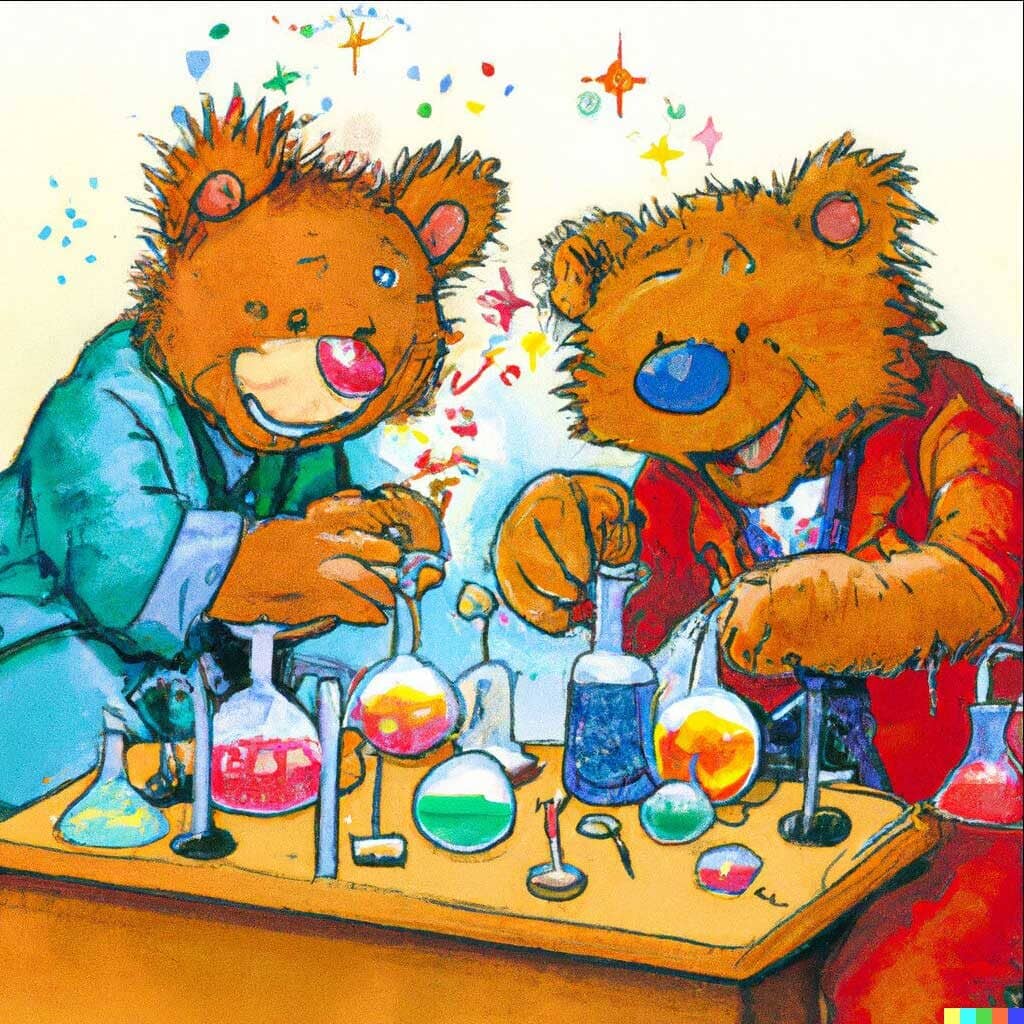 Teddy bears misturando produtos químicos brilhantes como cientistas loucos como um desenho animado de sábado de manhã dos anos 90
