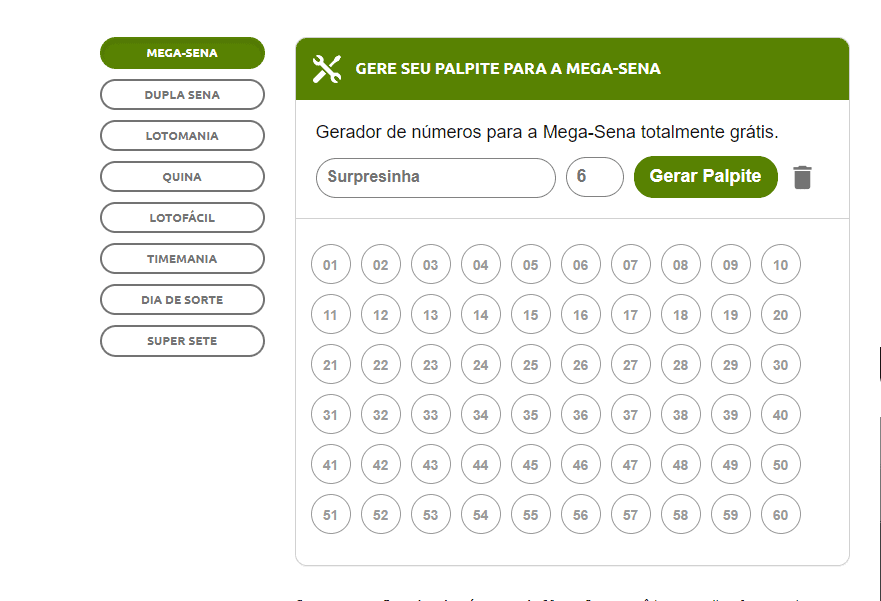 Hasilkan nomor mega-sena dan permainan lotre kotak penghasil angka acak