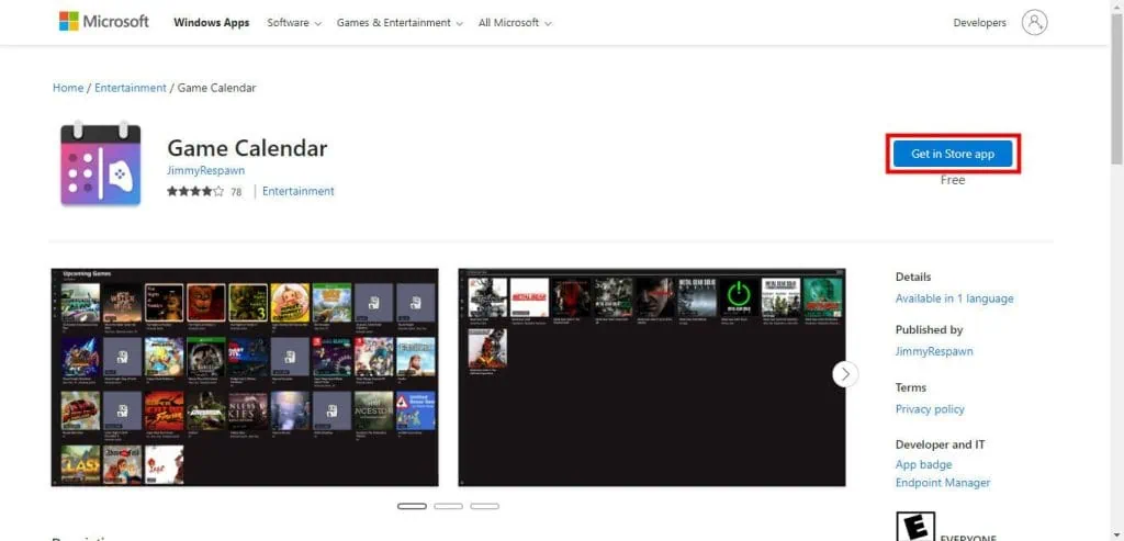 Como instalar um calendário gamer no windows A imagem mostra a página do calendário gamer game calendar na loja de aplicativos da microsoft