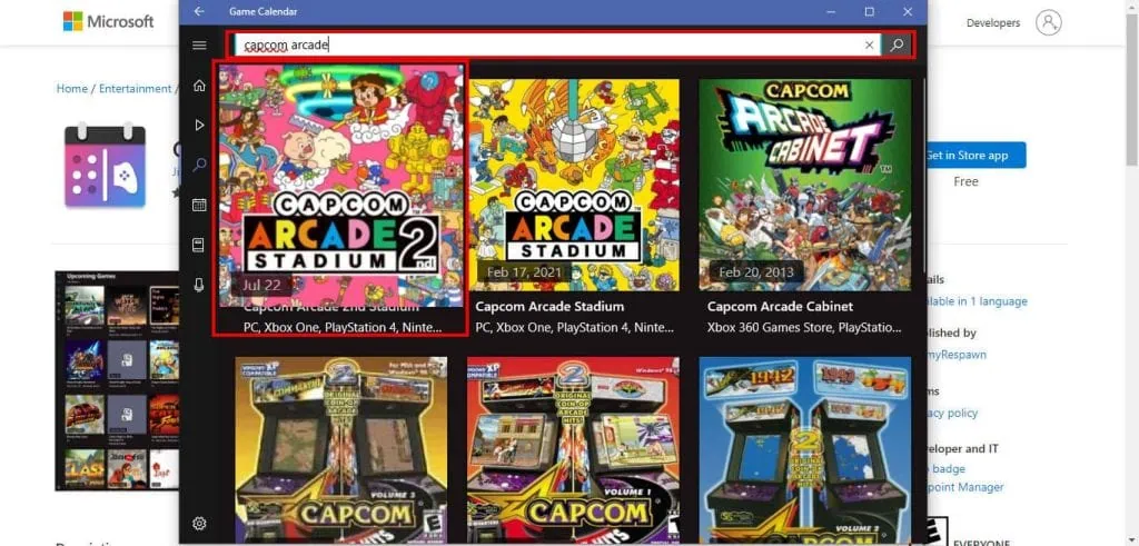 Como instalar um calendário gamer no windows A imagem mostra tela de busca do game calendar