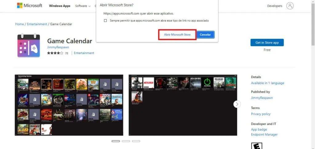 Como instalar um calendário gamer no windows A imagem mostra a página do calendário gamer game calendar na loja de aplicativos da microsoft