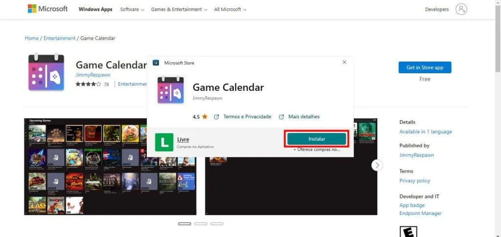 Como instalar um calendário gamer no windows A imagem mostra a página do calendário gamer game calendar na loja de aplicativos da microsoft