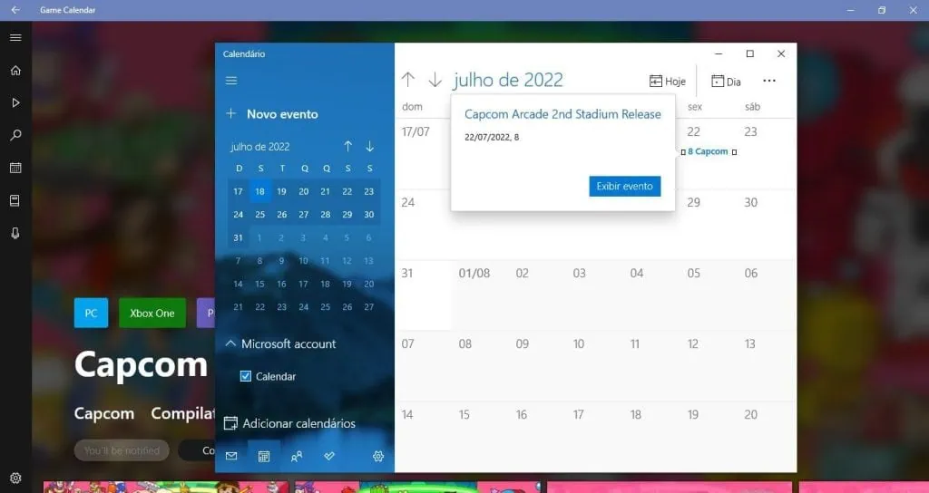 Como instalar um calendário gamer no windows A imagem mostra um evento salvo no calendário da microsoft pelo game calendar
