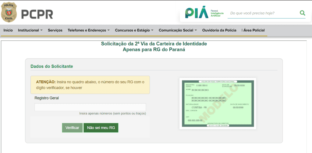Hoe u het duplicaat van de RG via internet kunt aanvragen RG duplicaat aanvraagscherm in paraná