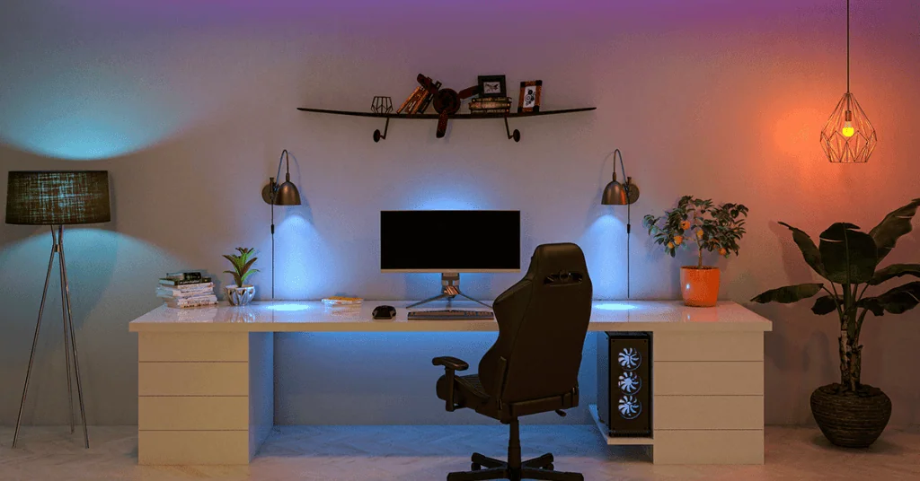 Como incluir iluminação rgb no setup gamer Uso da lâmpada inteligente em diversos lugares, como abajur e luminária pendente