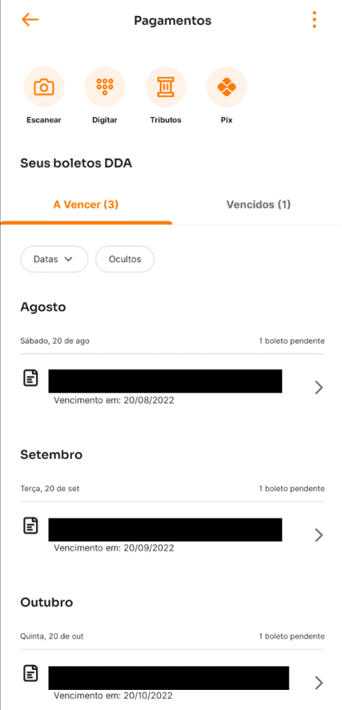 איך לשלם חשבונות עם boleto dda מסך של boletos dda בבינבנק.