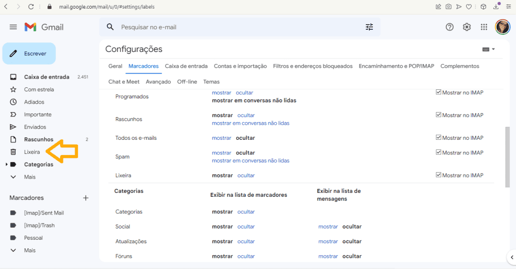 Como recuperar e-mails excluídos do gmail Não consigo achar a lixeira do gmail, e agora?